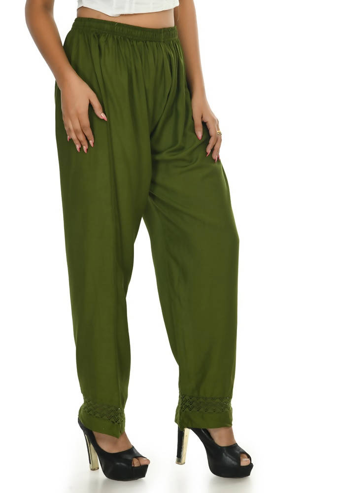Mehndi Green Straight Palazzo Pants in Rayon Cotton