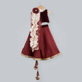 Girl's red ghagra choli with maroon velvet sleeveless top and net dupatta with gold frill