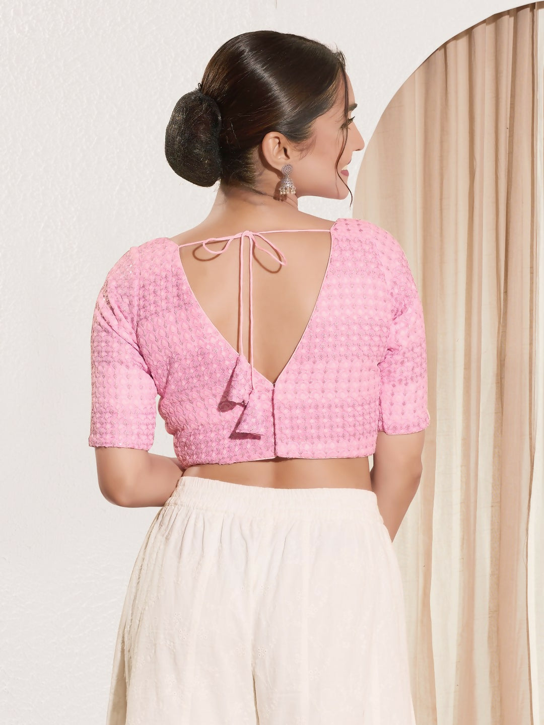 Joban Fashion Baby Pink Crochet Padded Blouse With V Neck Elbow Sleeves