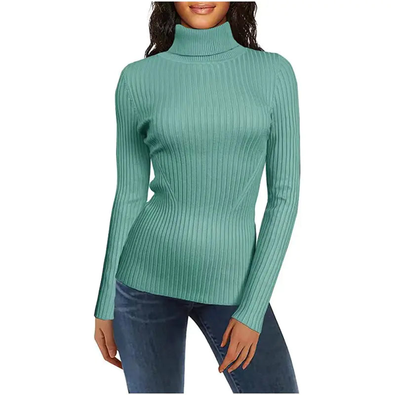 Women's High Neck Ribbed Sweater - Cozy Turtleneck