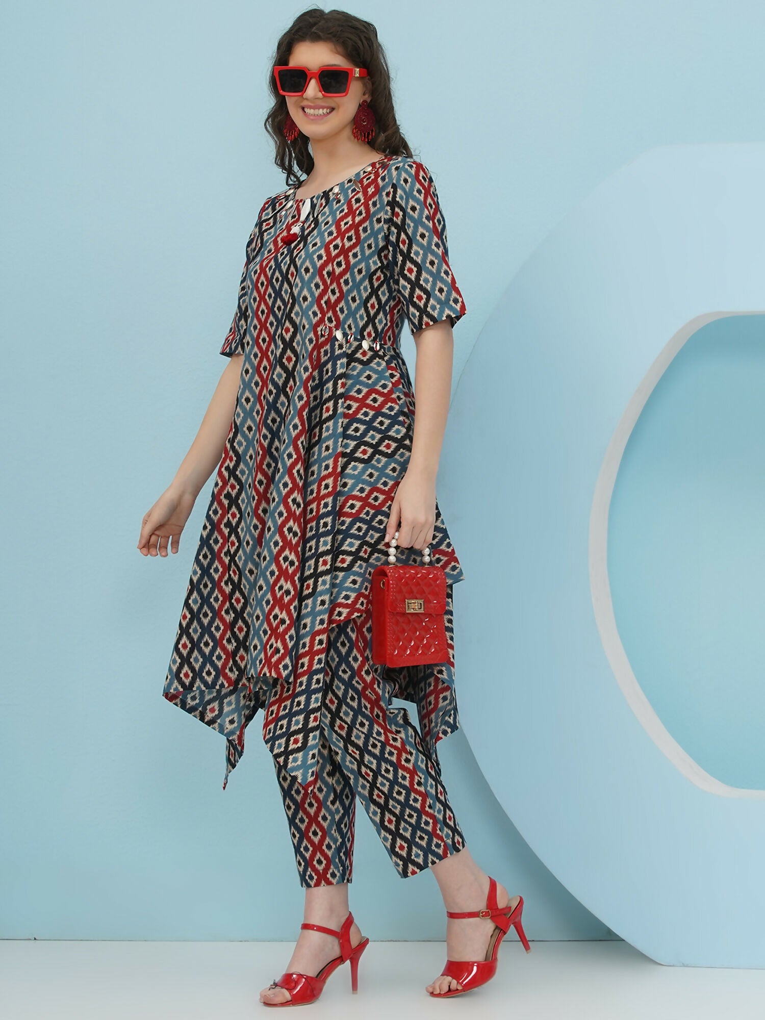 Blue Red Ikkat Printed Cotton Co-ord Set