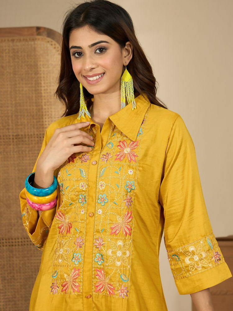 Mustard Roman Silk Embroidered Kurta Set with Shirt Collar