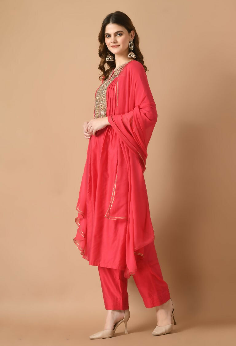 Red Chanderi Kurta Set with Organza Dupatta - 3 Piece Festive Wear