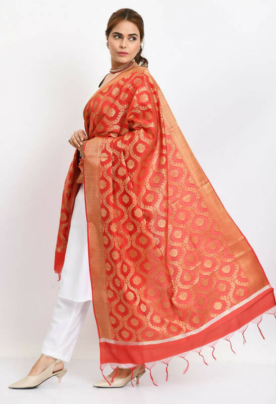 Red Banarasi Silk All-Over Woven Design Dupatta