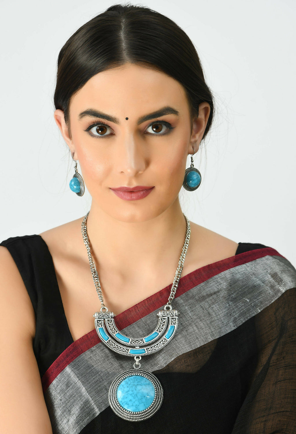 Oxidised Silver-Plated Sky Blue Stone Work Long Necklace