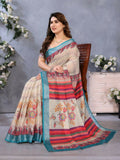 Cream handloom linen cotton saree with a natural, sophisticated texture