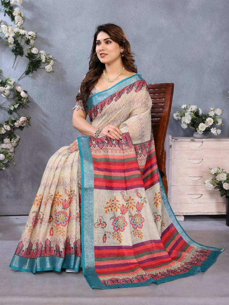 Cream handloom linen cotton saree with a natural, sophisticated texture