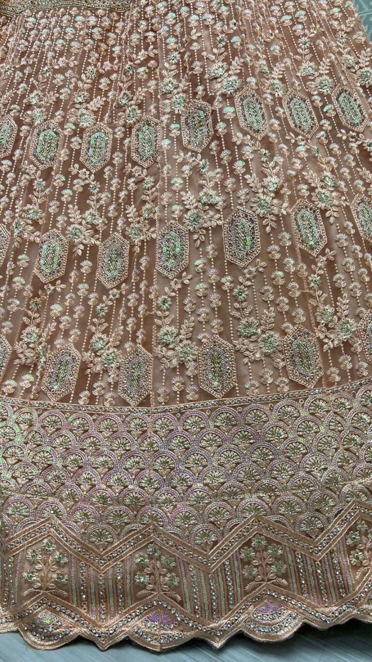 Peach Heavy Net Embroidered Wedding Lehenga Choli with Sequins