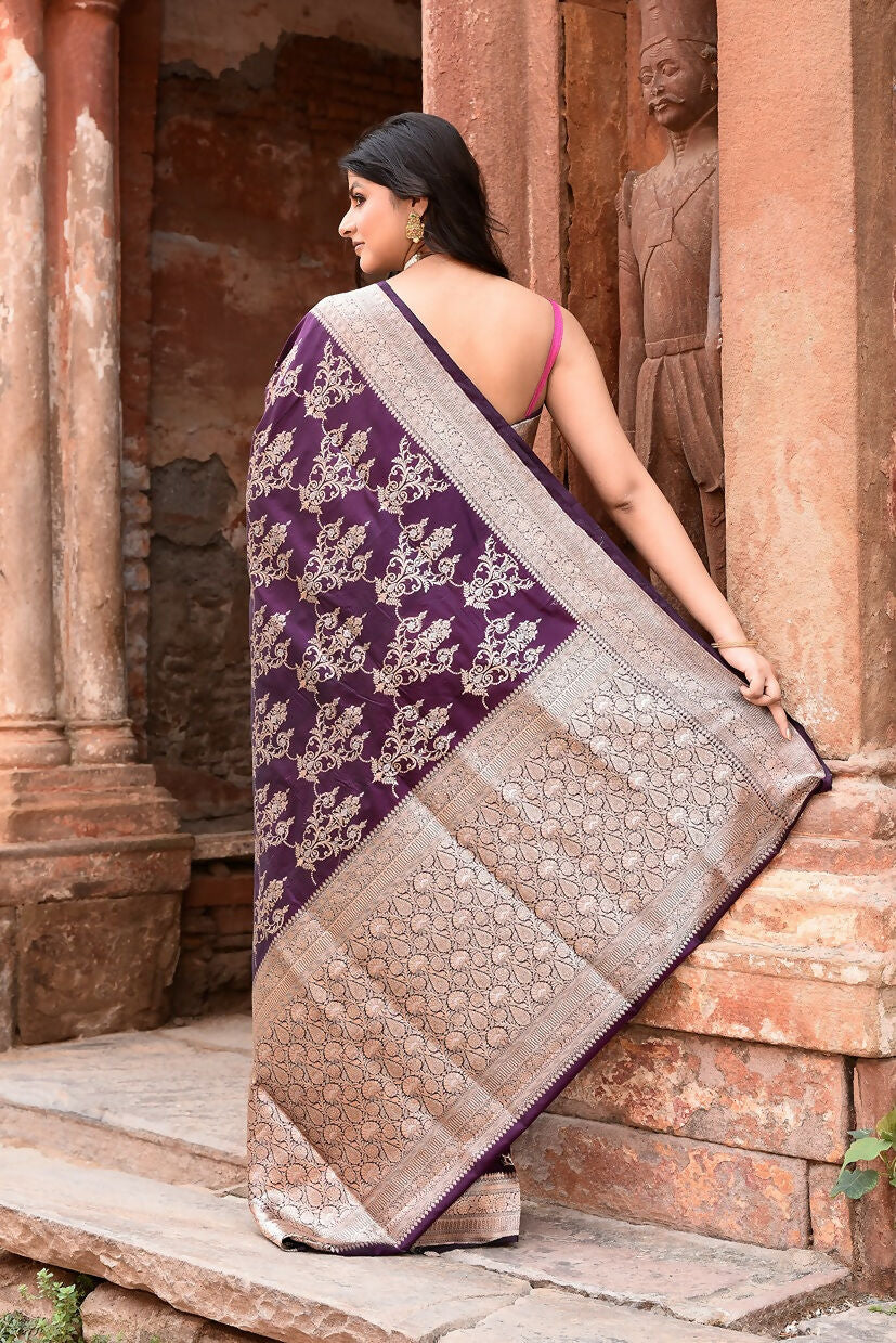 Plum Purple Pure Katan Handloom Banarasi Silk Saree