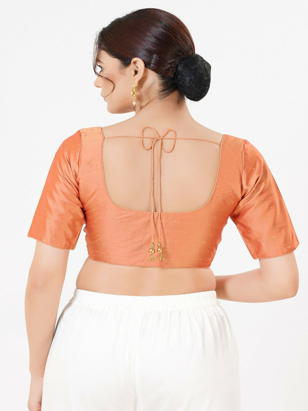 Rose-Gold Taffeta Silk Elbow-Sleeved Front Open Blouse