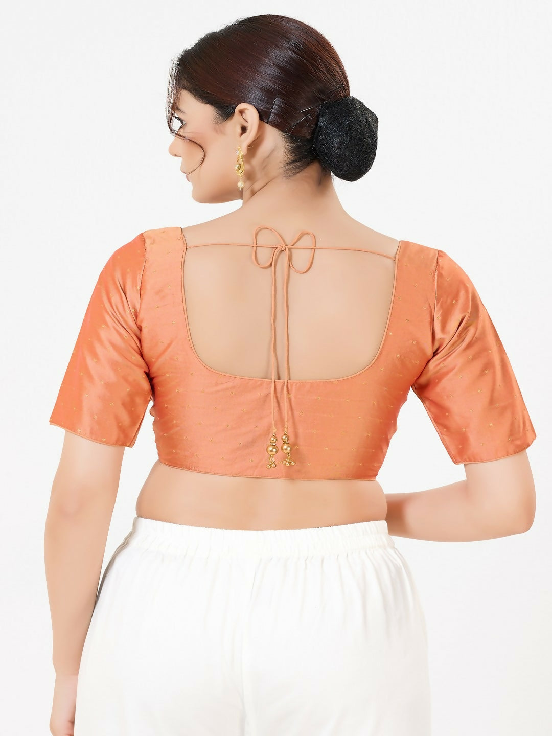 Rose-Gold Taffeta Silk Elbow-Sleeved Front Open Blouse