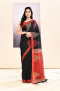 Black Jamdani Saree with Traditional Temple Border Embellishment