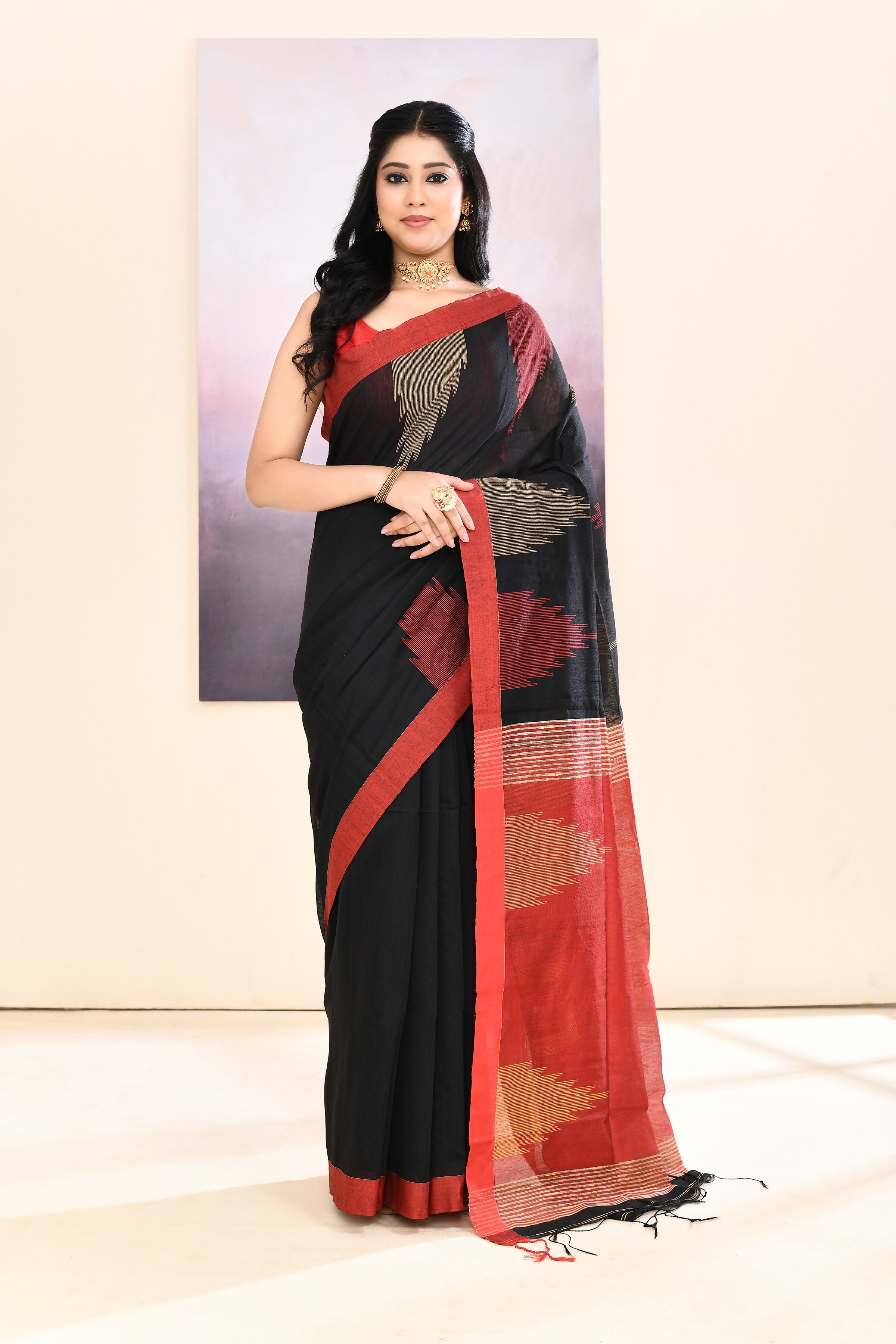 Black Jamdani Saree with Traditional Temple Border Embellishment