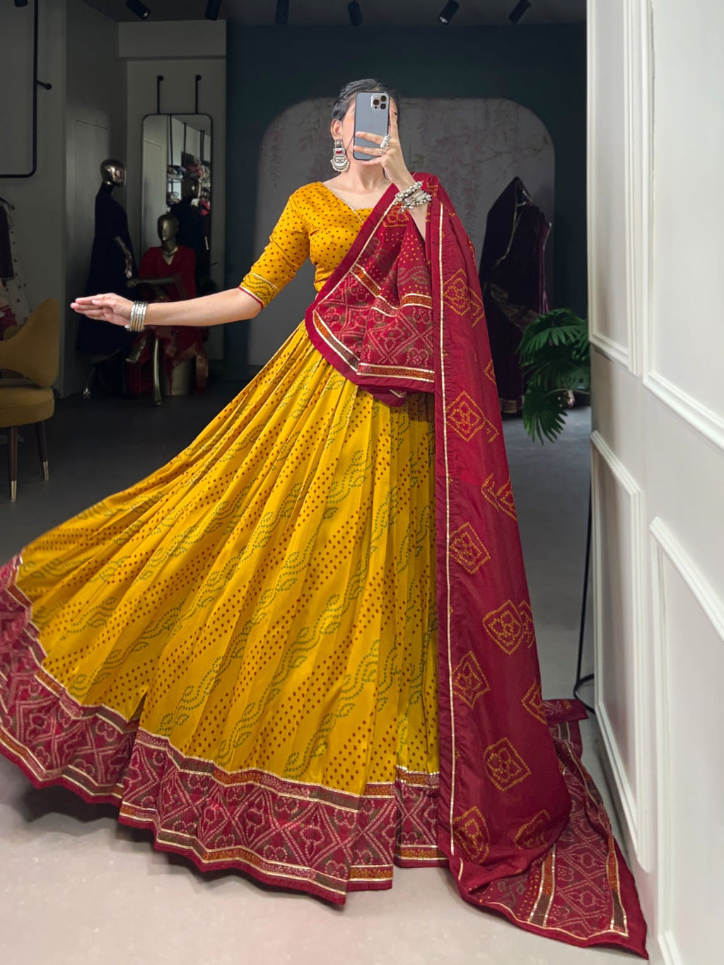 Yellow Tasar Silk Bandhej Print Lehenga Choli with Gotta Patti