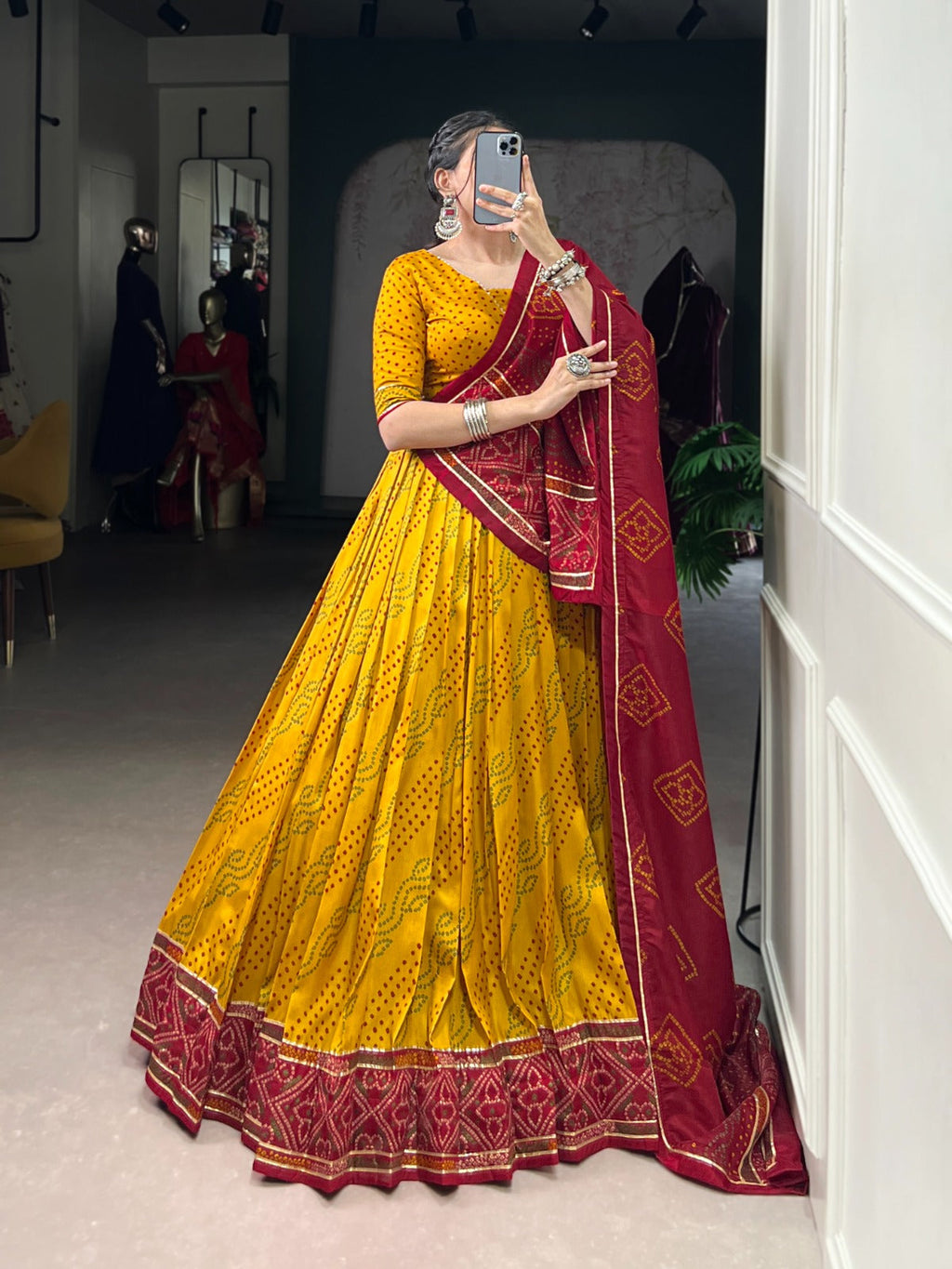 Yellow Tasar Silk Bandhej Print Lehenga Choli with Gotta Patti