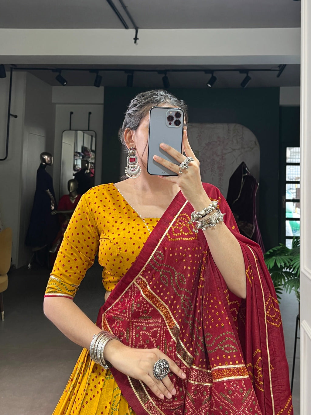 Yellow Tasar Silk Bandhej Print Lehenga Choli with Gotta Patti