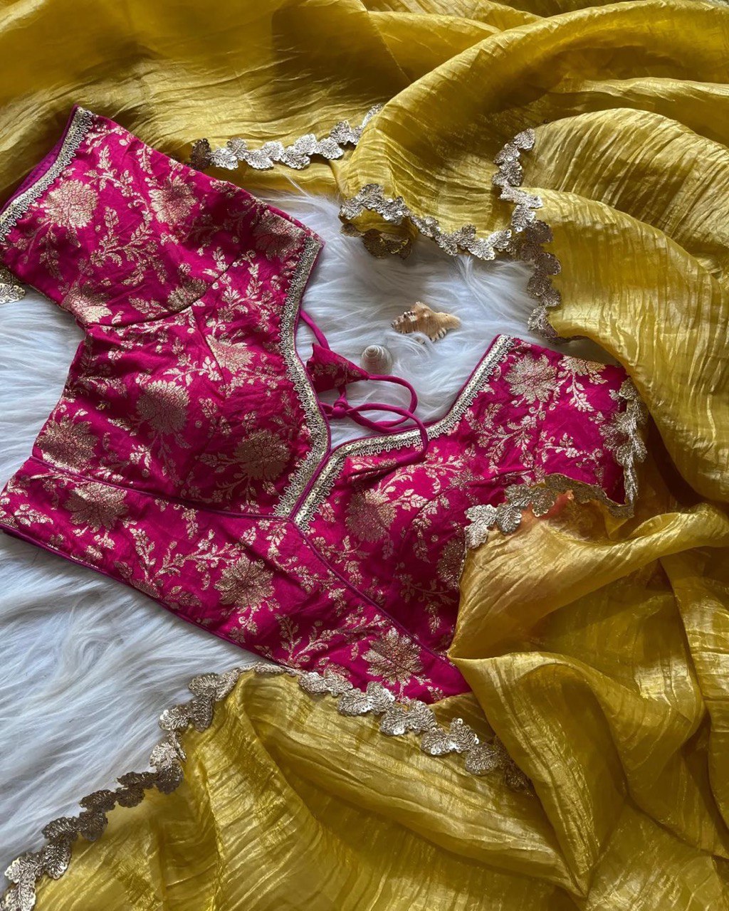 Yellow Rani tissue crush saree with jacquard silk blouse and fancy lace trim