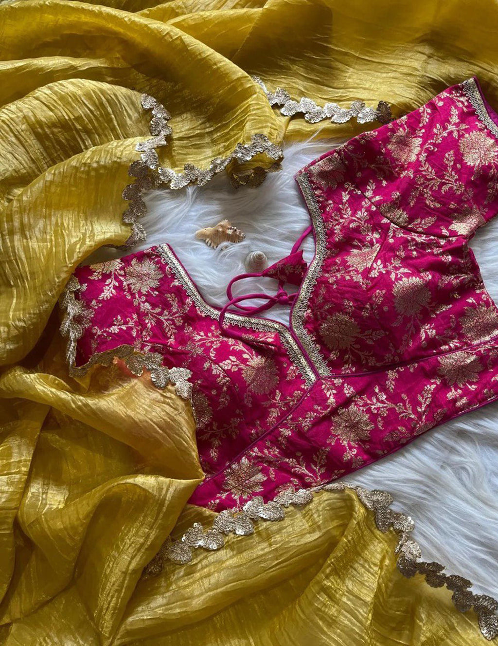 Yellow Rani Tissue Crush Saree with Jacquard Stitched Blouse