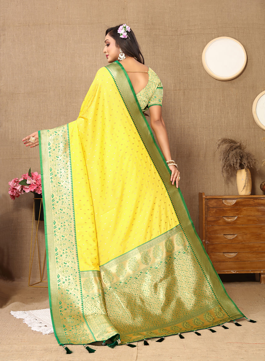 Lorenvalley Fashion Yellow Soft Silk weaving Design Rich Zari Weaving Saree