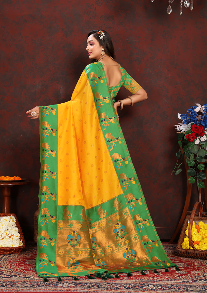 Yellow Soft Paithani Silk Saree with Rich Zari Meenakari