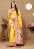 Yellow soft Paithani silk saree with detailed meenakari zari weaving on the pallu.