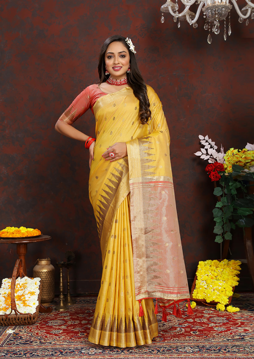 Yellow Soft Katan silk saree with elegant Zari woven pallu