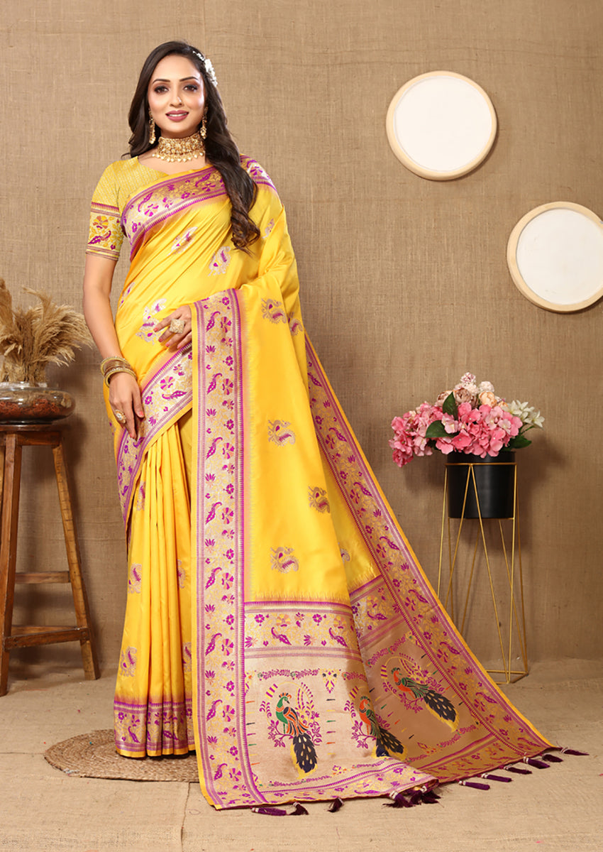 Yellow Soft Paithani Silk Saree with Meenakari Zari Pallu