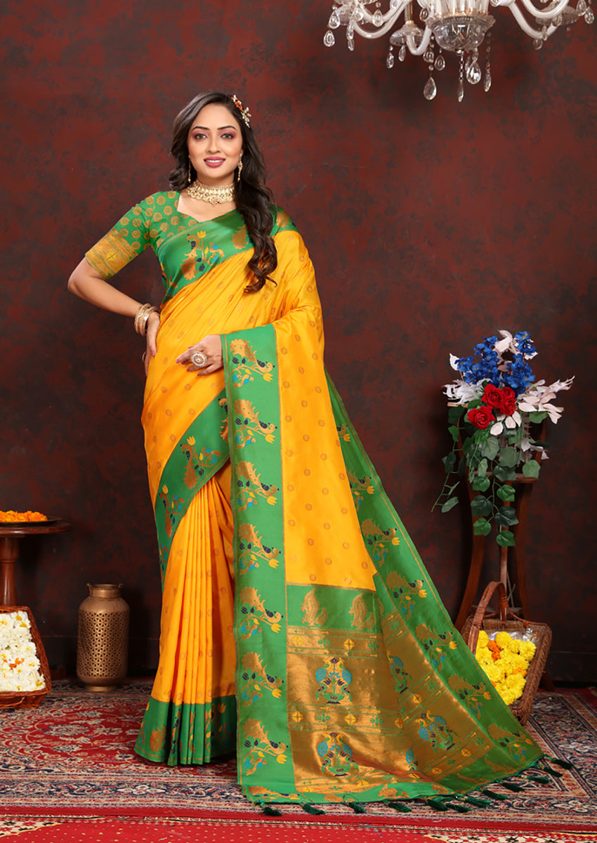 Yellow Soft Paithani Silk Saree with Rich Zari Meenakari