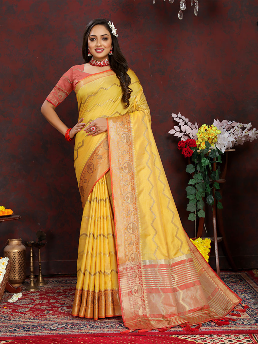 Yellow Soft Katan Silk Saree with Woven Zari Pallu
