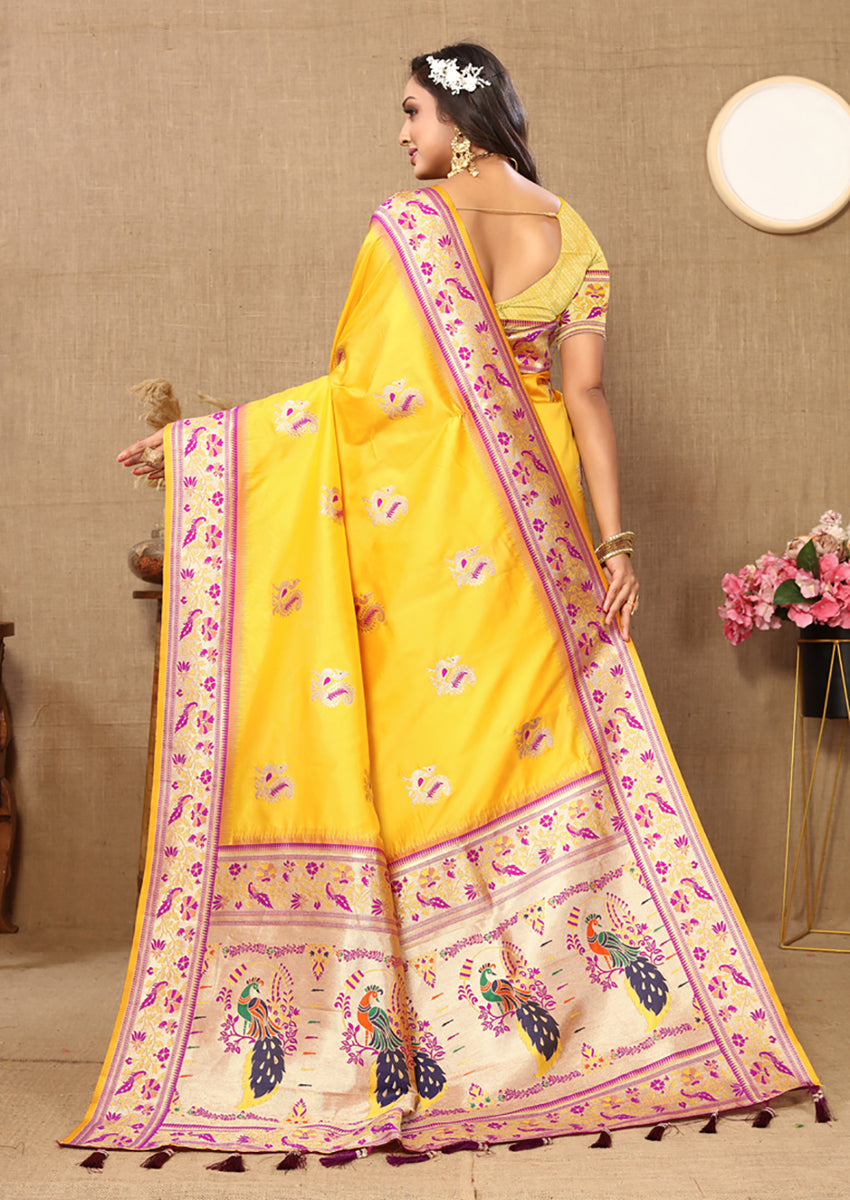 Yellow Soft Paithani Silk Saree with Meenakari Zari Pallu