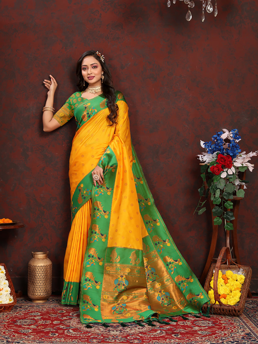 Yellow Soft Paithani Silk Saree with Rich Zari Meenakari