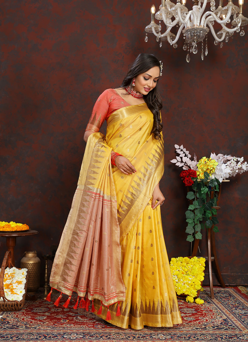 Yellow Soft Katan Silk Saree with Zari Woven Pallu