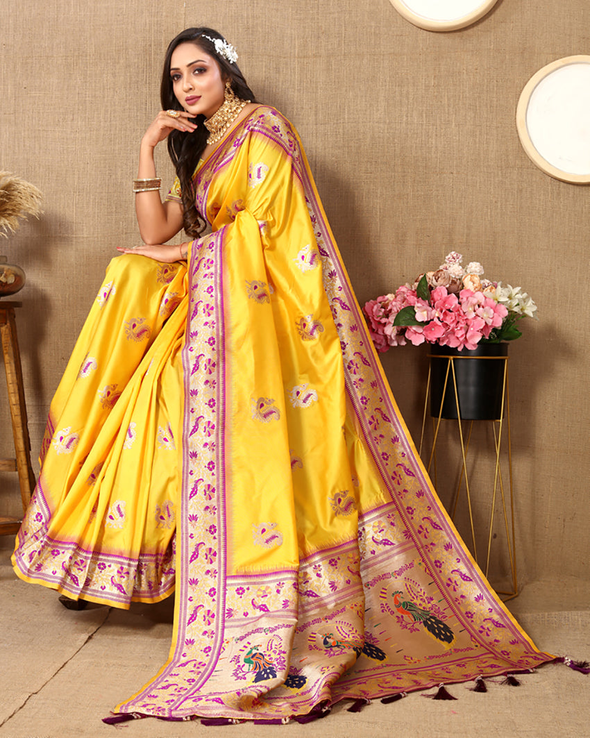 Yellow Soft Paithani Silk Saree with Meenakari Zari Pallu