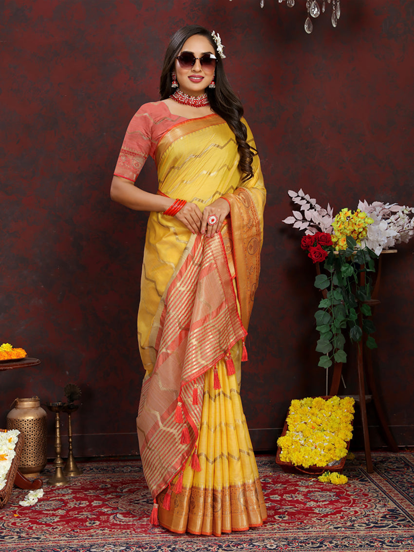 Yellow Soft Katan Silk Saree with Woven Zari Pallu