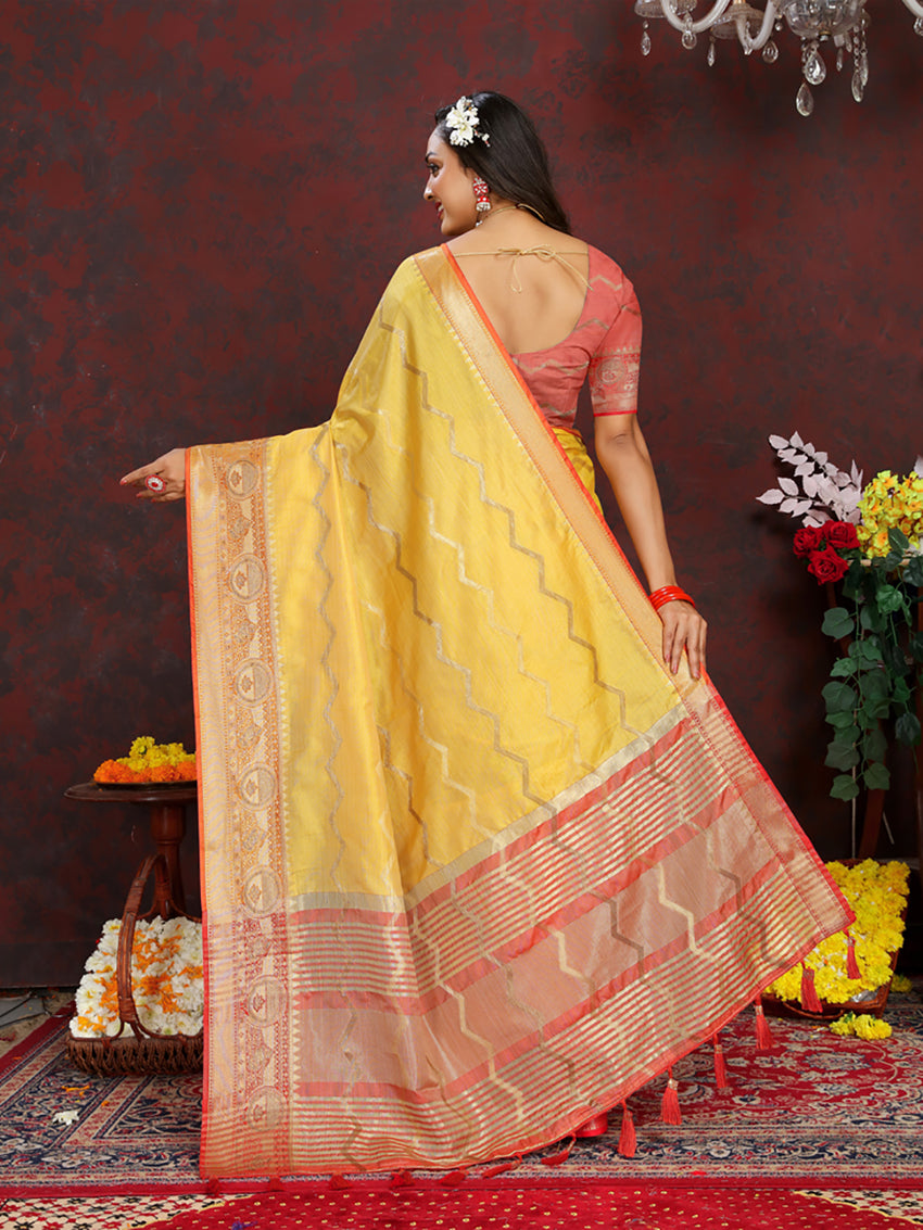 Yellow Soft Katan Silk Saree with Woven Zari Pallu