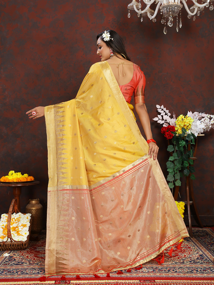 Yellow Soft Katan Silk Saree with Zari Woven Pallu