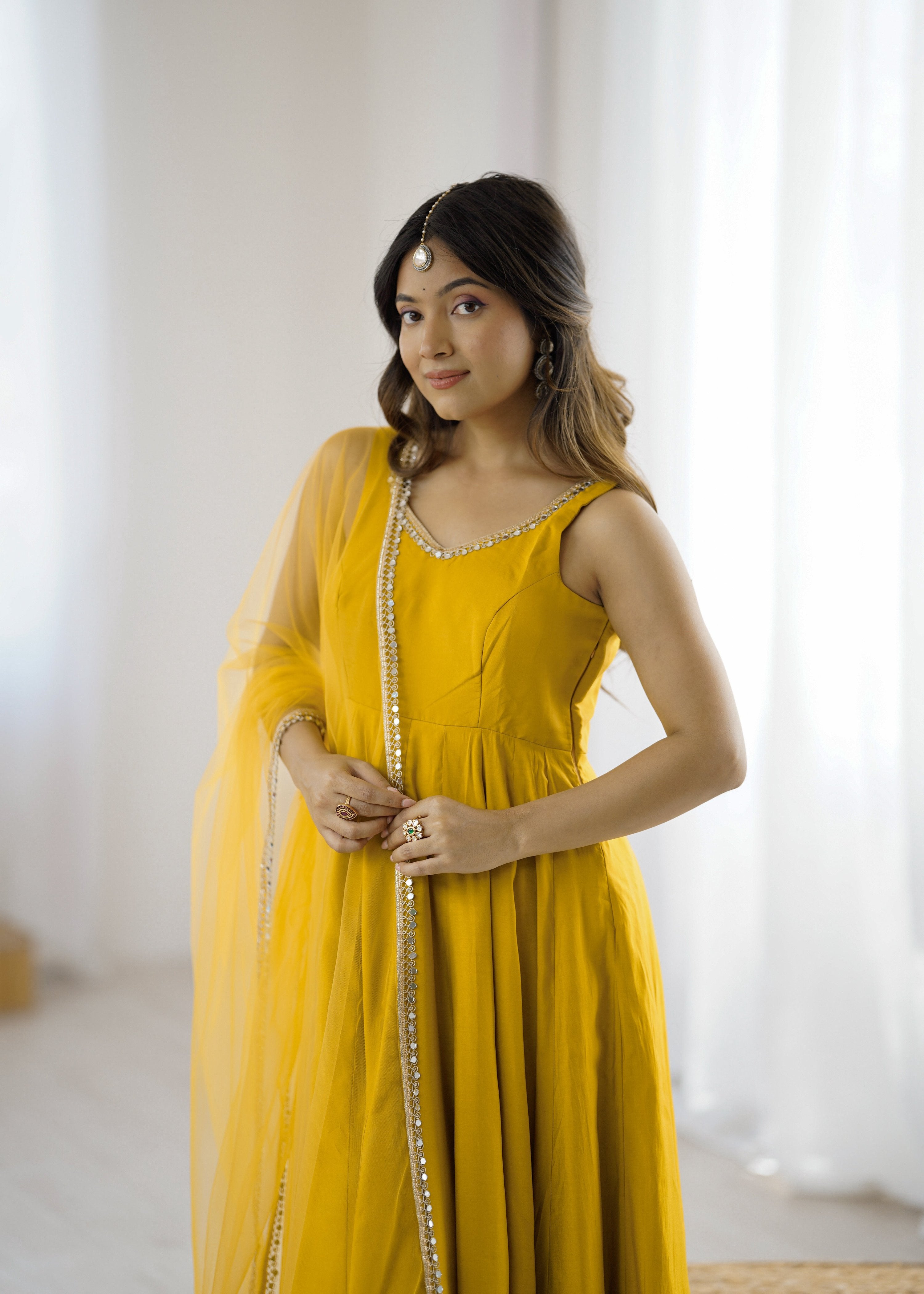 Yellow Pure Roman Silk Chanderi Anarkali Kurta Pant Dupatta Set