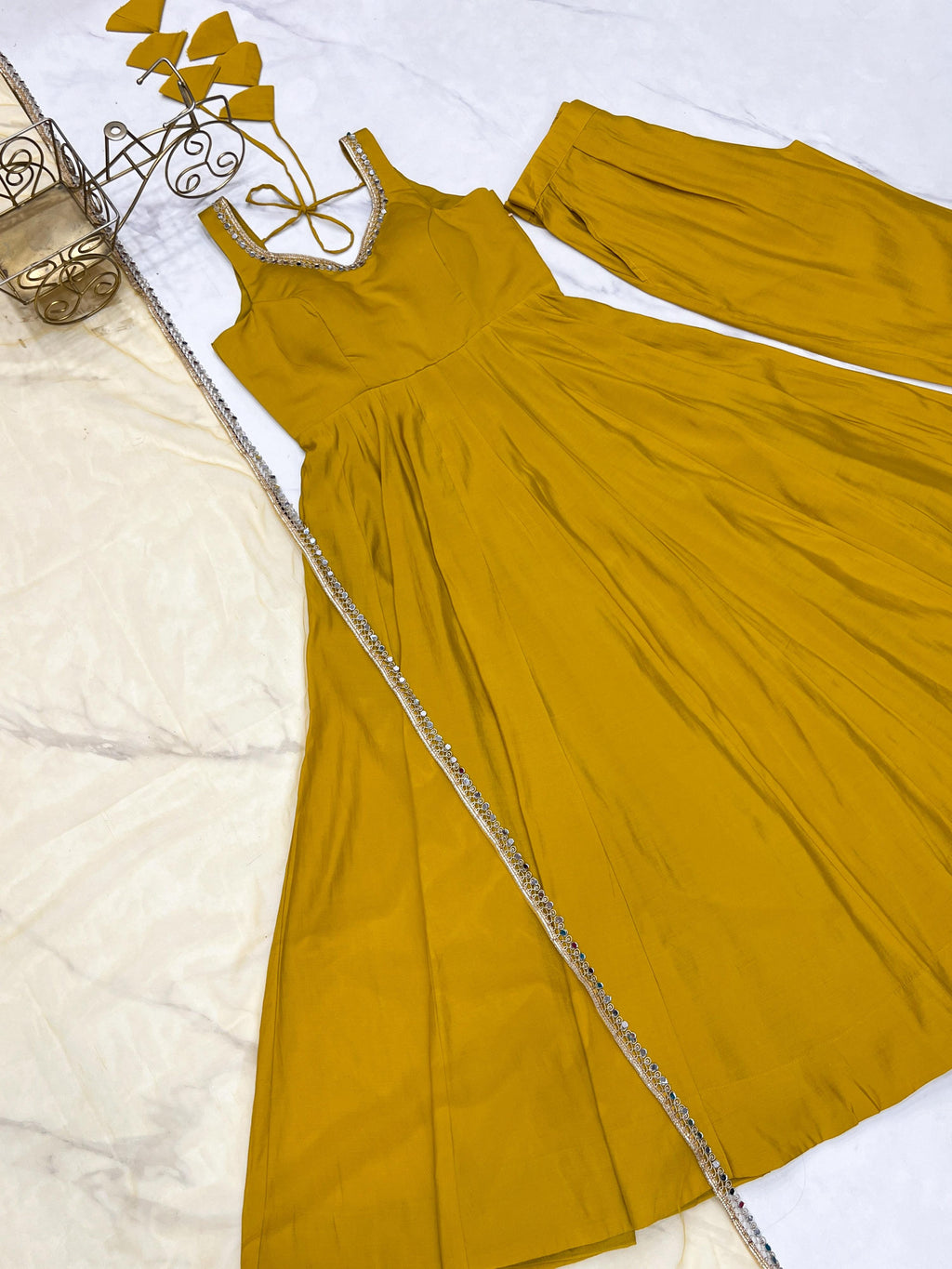 Yellow Pure Roman Silk Chanderi Anarkali Kurta Pant Dupatta Set