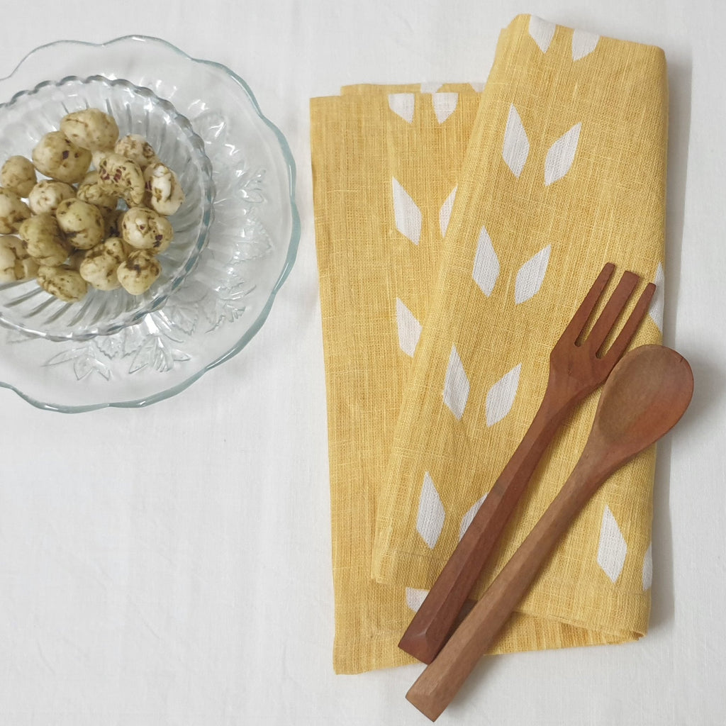 Pure Linen Table Napkins Set of 2 in Mustard White Geometric