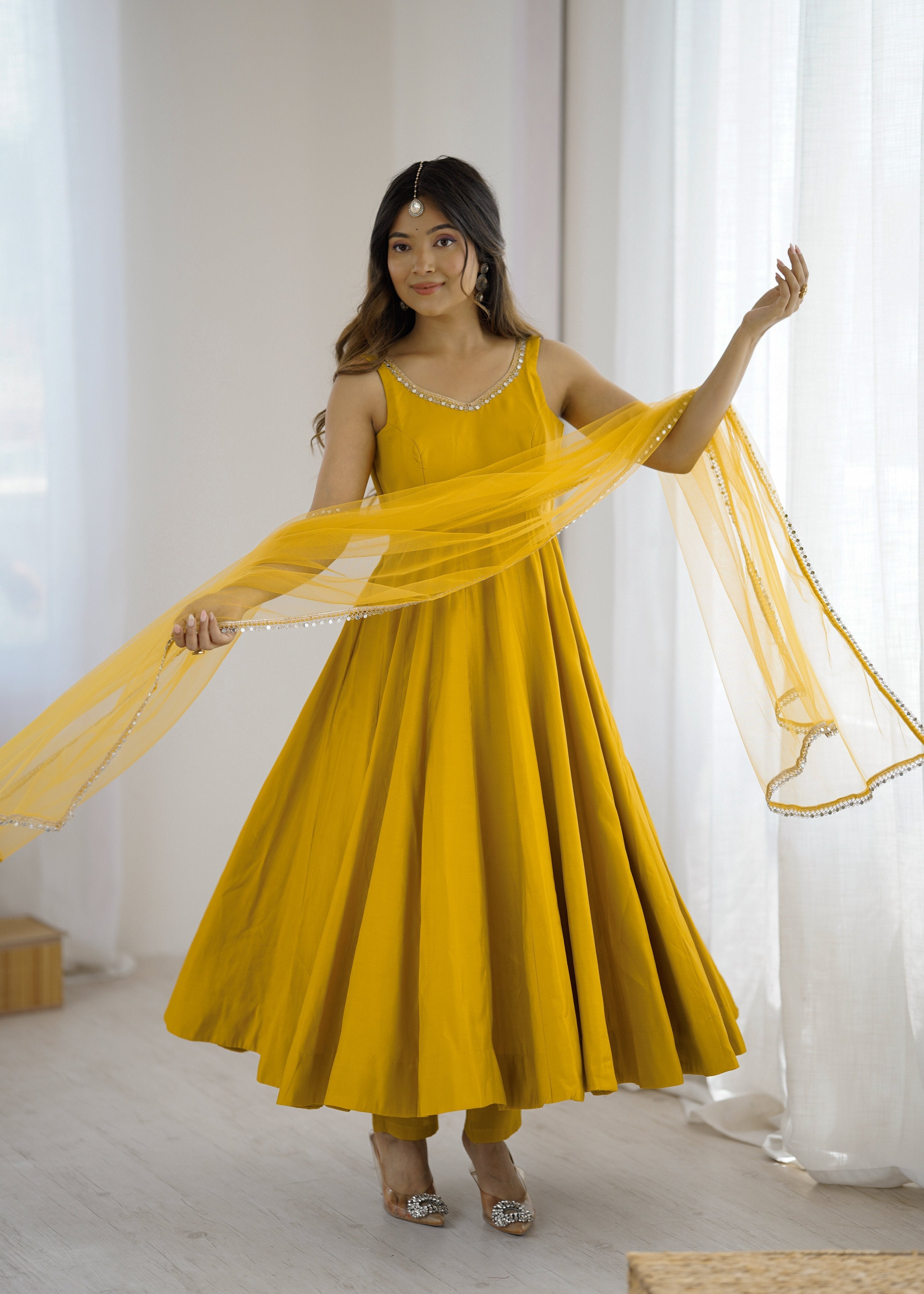 Yellow Pure Roman Silk Chanderi Anarkali Kurta Pant Dupatta Set