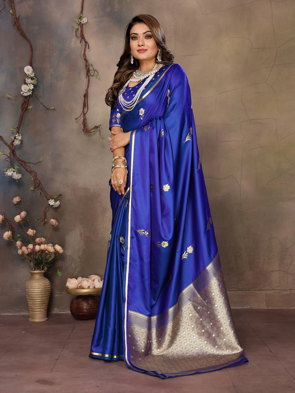 Royal Blue Floral & Botanical Satin Silk Banarasi Saree