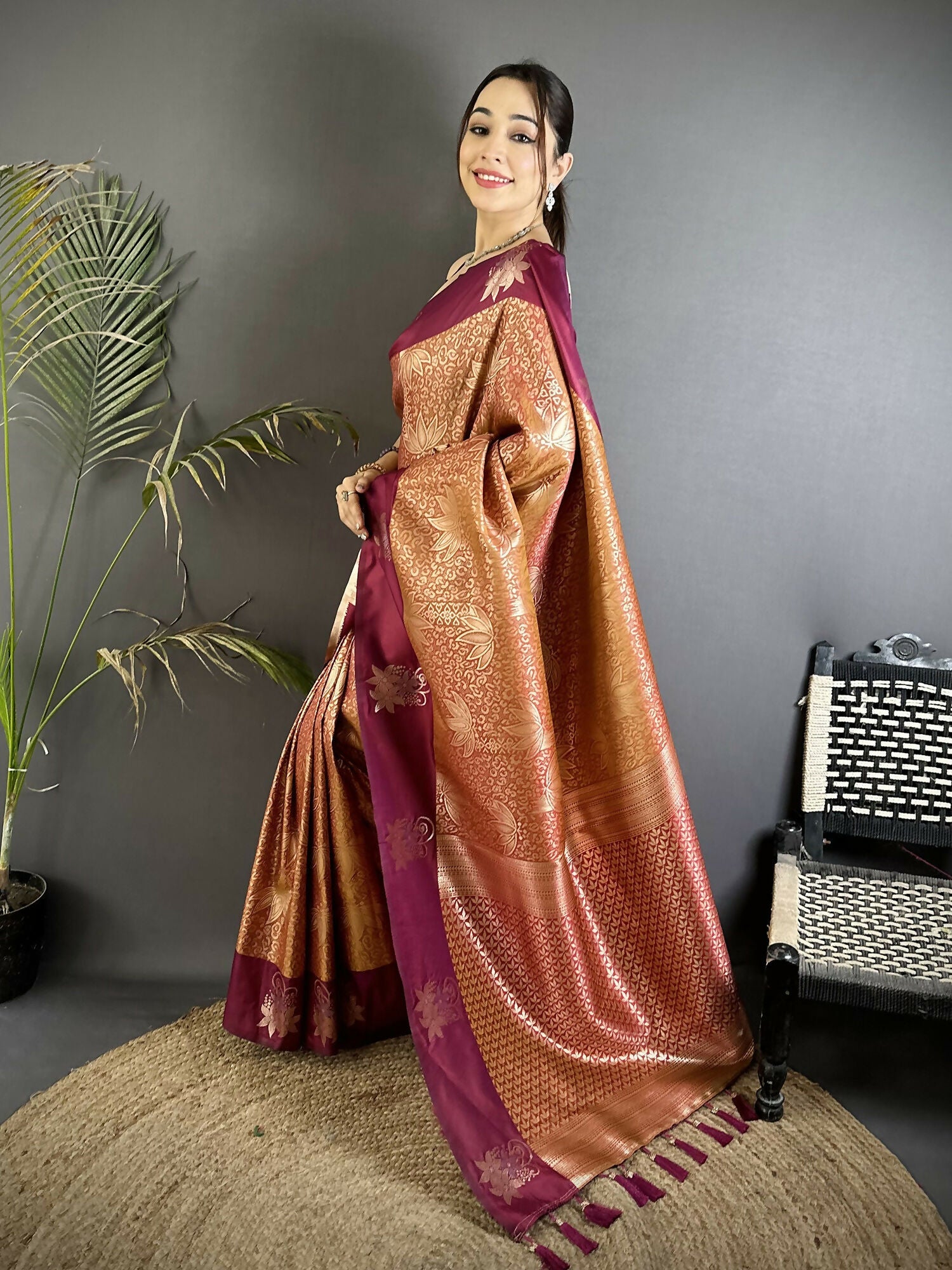 Wine Dharmavaram Soft Silk Saree with Intricate Zari Weaving