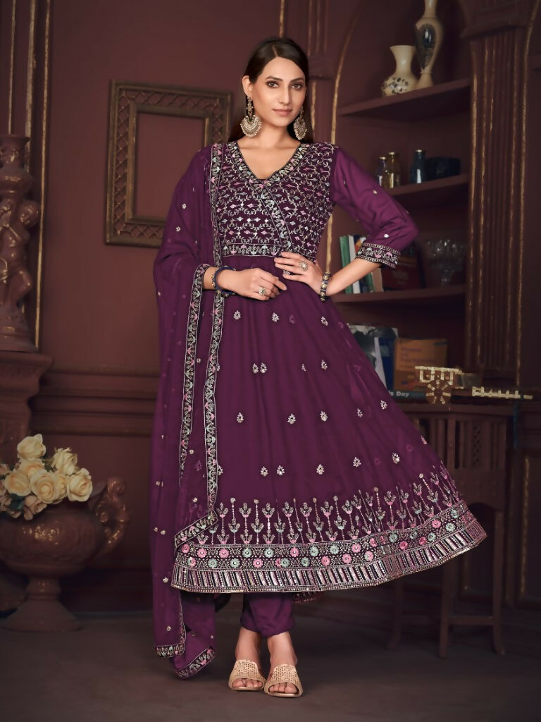Women's Purple Georgette Embroidered Anarkali Kurta Pant Set