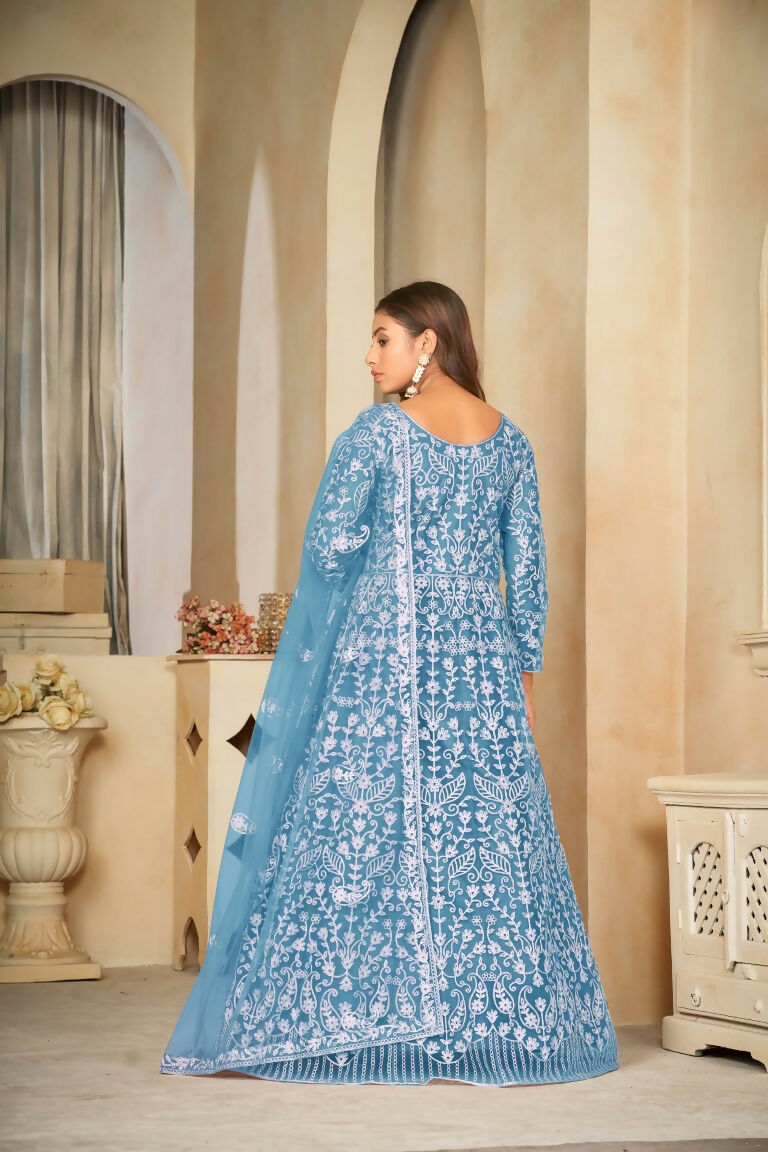 Sky Blue Embroidered Net Anarkali Kurta Pant Set with Dupatta
