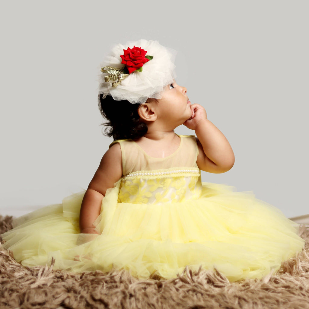 Yellow Girls Formal Gown with Organza Chest and Net Layer Ghera