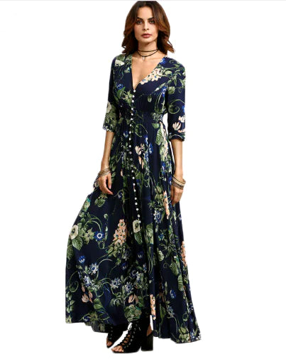 Women's Navy Floral Print Bohemian Maxi Dress with Button Front - Image 10