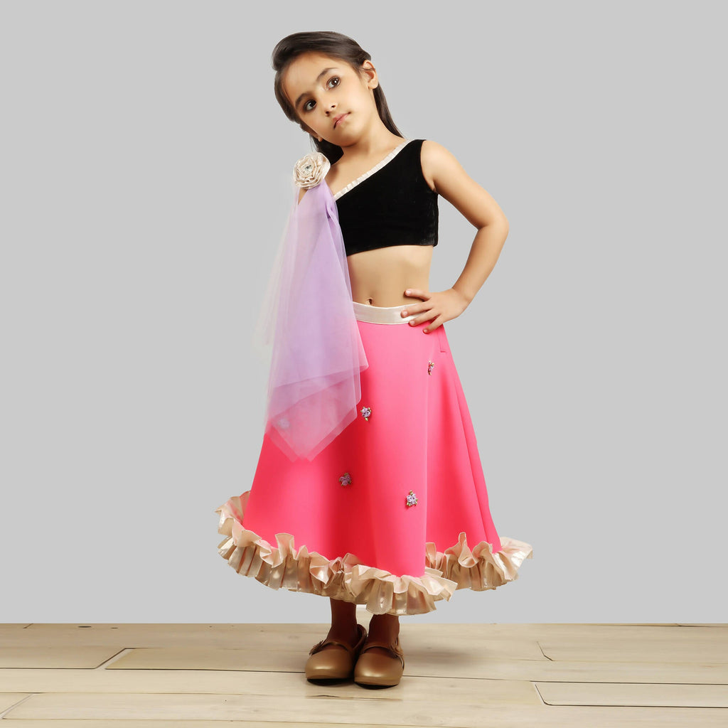 Black and Pink One Shoulder Ghagra Choli with Net Dupatta
