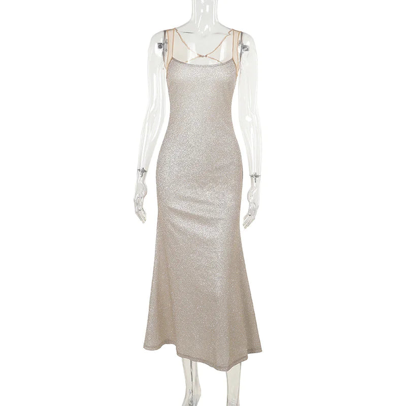 Women's Shimmering Apricot Camisole Maxi Dress Open Back - Image 3