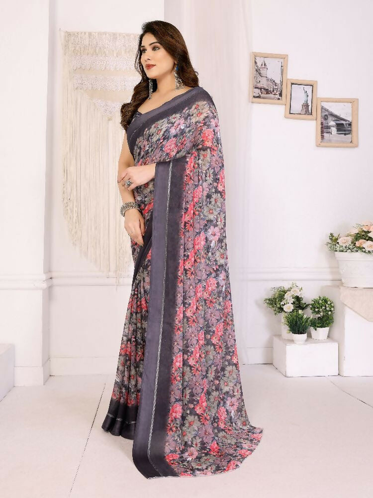 Black Bright Moss Satin Patta Printed Saree