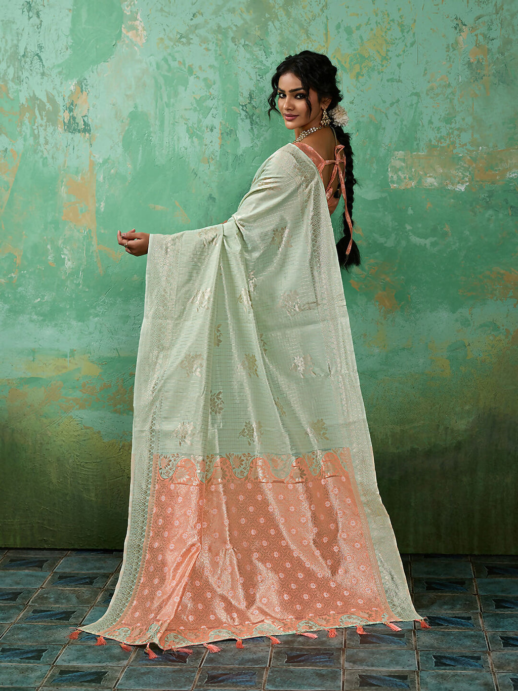 Rama Green Linen Cotton Saree with Matching Blouse